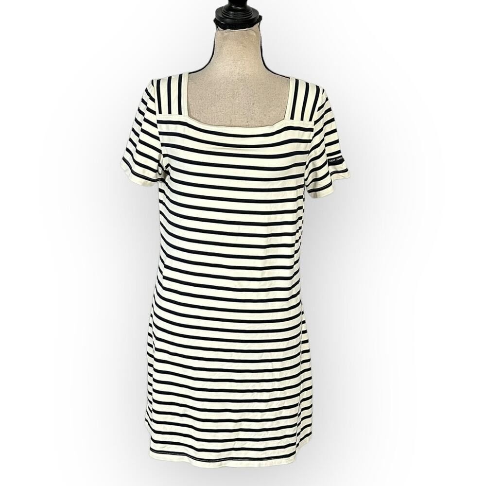 Saint James Tolede Dress Women's 10 Ivory Black Striped Sheath Short Sleeve